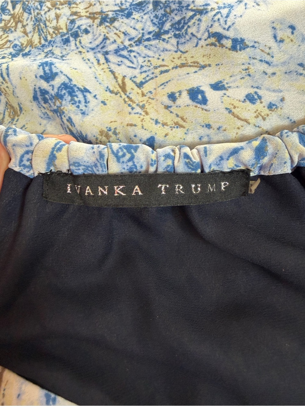 Ivanka Trump Blue Patterned Maxi Dress with Drawstring Waist Gold Accents - Picture 10 of 13